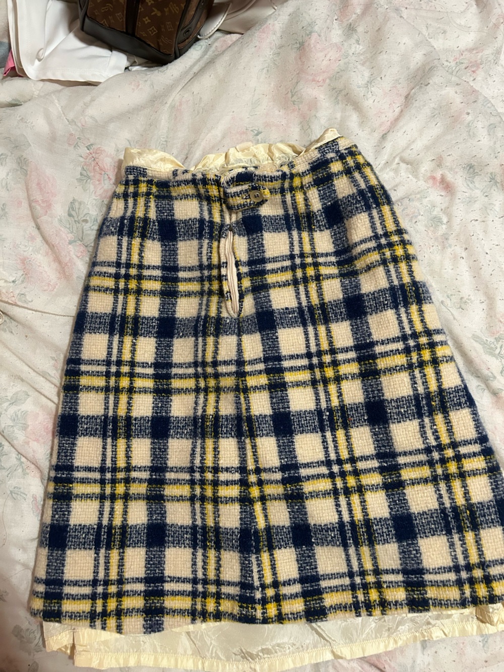 Austin Hill Vintage Cream Plaid A-Line Skirt with Navy and Yellow Accents - Picture 2 of 4
